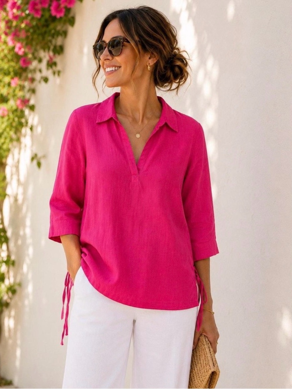 Isaac Mizrahi Bright Pink V-Neck Collared Tunic